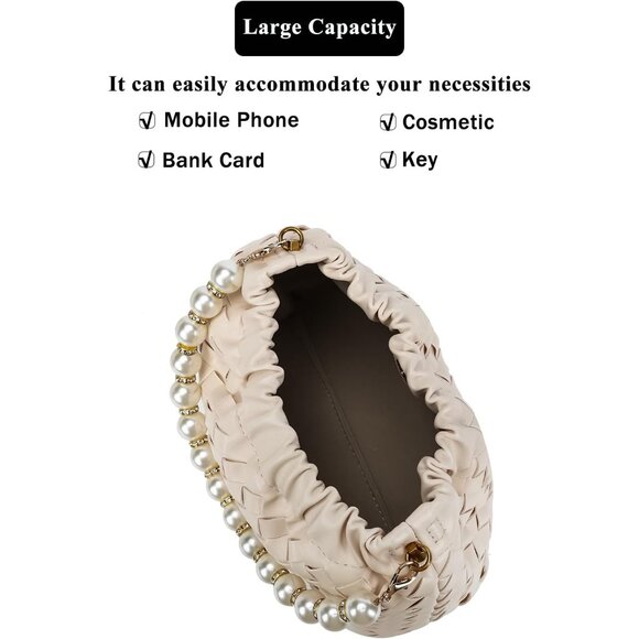 ⚡ Women's Tan Leather Dumpling Pearl Chain Evening Crossbody Clutch Bag - Picture 6 of 7